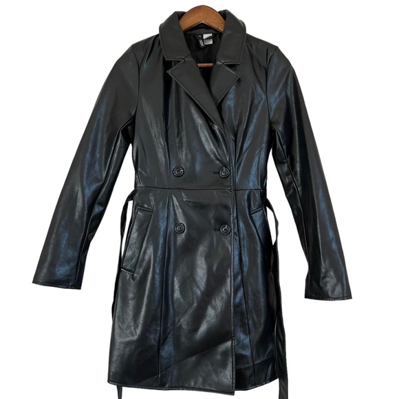 H&M Black Leather Double Breasted Belted Trench Coat Womens Size XS - Picture 6 of 10